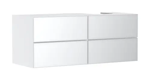 Weißer Unterschrank mit vier Schubkästen, geeignet für einen Waschtisch. Die Oberfläche ist matt und in einem schlichten Design gehalten. Marke: Hansgrohe.